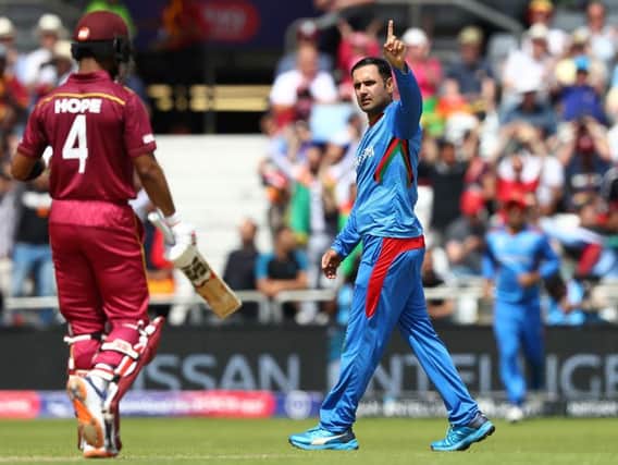 Mohammad Nabi celebrates claiming a wicket for Afghanistan against the West Indies in the 2019 World Cup in England