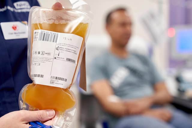 Donating blood plasma is similar to donating blood
