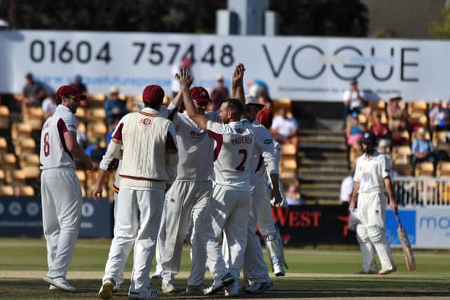 Northants players celebrate a wicket during the Championship win over Durham in September, 2019 - it was the last game to be staged in front of spectators at Wantage Road