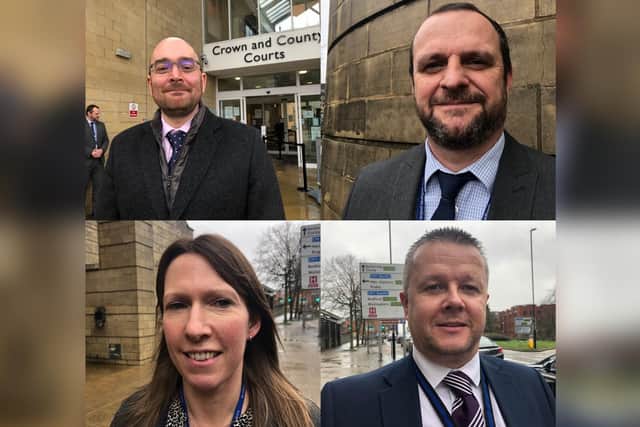 DCI Joe Banfield (top left), DC Stuart Jones (top right) DC Karen Kennedy (bottom left) and DS Spencer Bailey (bottom right) outside court today after being commended by Judge Adrienne Lucking