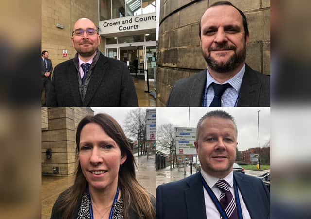 DCI Joe Banfield (top left), DC Stuart Jones (top right) DC Karen Kennedy (bottom left) and DS Spencer Bailey (bottom right) outside court today after being commended by Judge Adrienne Lucking