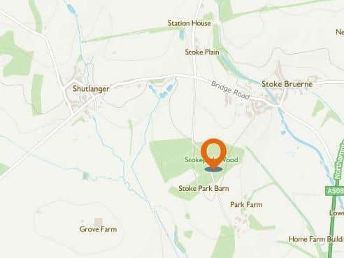 Police believe the damaged quad bike headed for Shutlanger from Stoke Park Wood. Image: getoutside.ordnancesurvey.co.uk