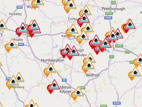 Nine Environment Agency flood warnings and 22 alerts are in force across Northamptonshire on Wednesday night