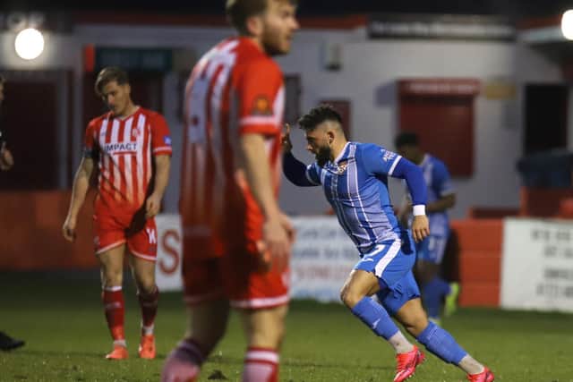 Callum Powell celebrates after scoring his first goal at Alfreton (Pictures: Peter Short)
