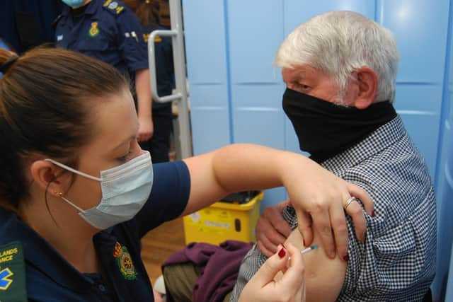 Bryan Walton, 80, from Wilbarston, was one of the first local people to get his Covid-19 vaccination from Kettering General Hospital. The vaccination was delivered by East Midlands Ambulance Service Community First Responder Stacey Price.