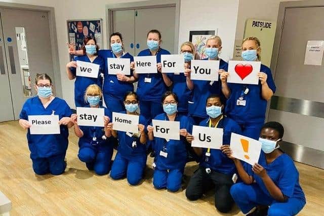 Staff at Northampton General Hospital get their message across during lockdown earlier this year