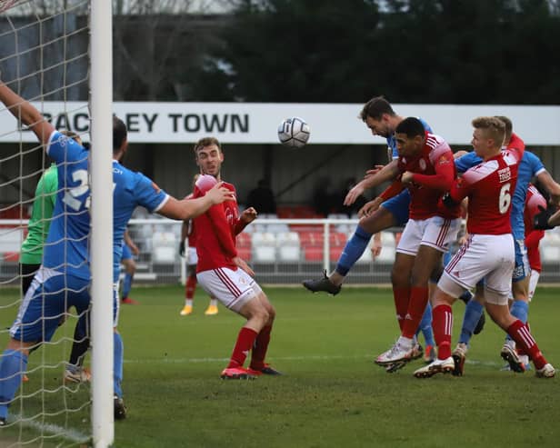 Action from Kettering Town's 1-1 draw at Brackley Town on Saturday. Picture by Peter Short