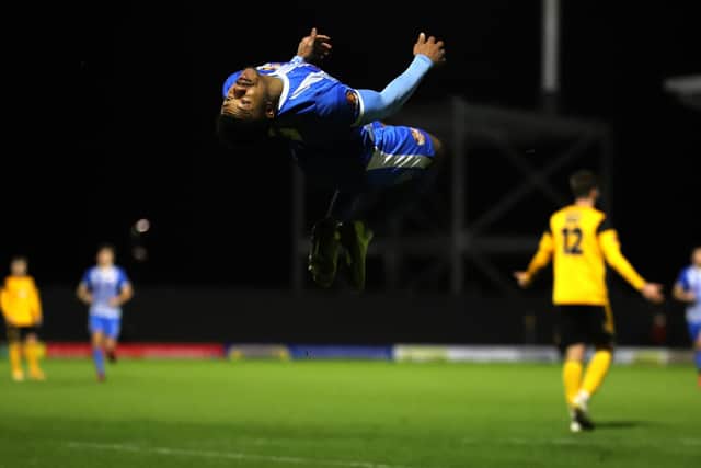 Decarrey Sheriff celebrates in trademark fashion after scoring the Poppies’ second goal in the 2-2 draw at Boston United