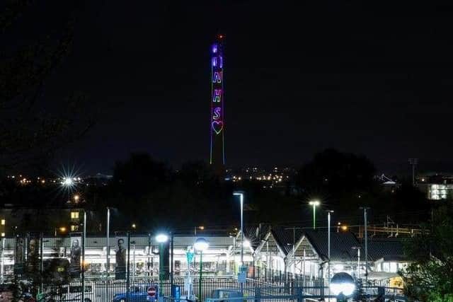 Northampton's iconic lift tower in St James became a beacon of light over the town in April during the first Clap for Carers.