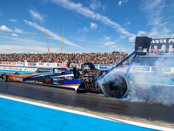 10,000-horsepower Top Fuel Dragster action is featured on the 2021 calendar at Santa Pod Raceway. Pictures courtesy of Santa Pod