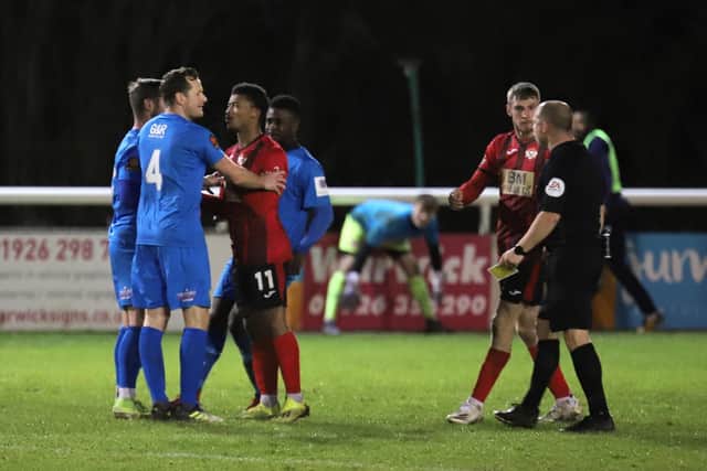 Tempers flare during the FA Trophy clash between Kettering Town and Leamington. Pictures by Peter Short