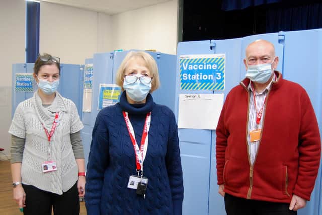 Volunteers working in KGH vaccination centre Claire Jennings, Judy Mitchell and John Wright.