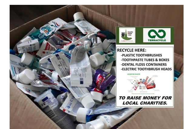 Plastic toothbrushes, toothpaste tubes and boxes, dental floss containers and electric toothbrush can be recycled