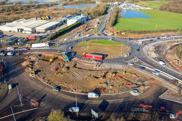 This view from above shows the new roundabout starting to take shape with the new entrance to Station Road bottom left. The A6 northbound, on the right of the image, is currently single lanes while the work takes place