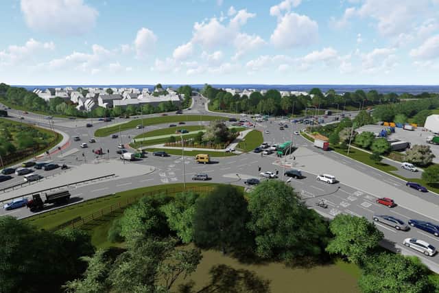 An artists impression of how the roundabout will look when work is completed. The A45 westbound runs from the roundabout to the left of the image. The A6 southbound can be seen on the right of the image