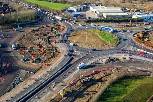 The half hamburger is starting to take shape with the new section of road constructed around the top half of the ‘bun’, left of picture. The new splitter island is being created on the A6 heading northbound towards the bottom of the image