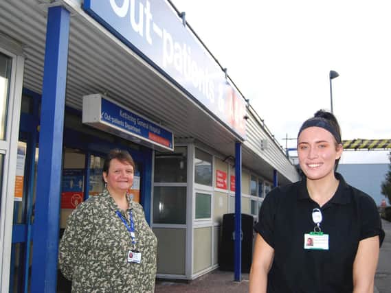 Tresham College Head of Health Care and Early Years Sarah Nolan and Ward Host Daisy Saunders outside A&E