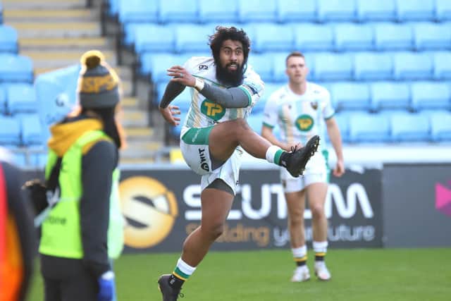 Ahsee Tuala kept the ball in play after the clock hit 80 at the Ricoh Arena, but Saints eventually escaped with the win (picture: Peter Short)
