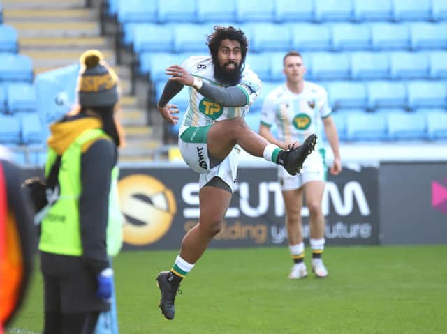 Ahsee Tuala kept the ball in play after the clock hit 80 at the Ricoh Arena, but Saints eventually escaped with the win (picture: Peter Short)