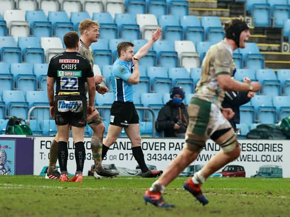 Christophe Ridley blew his whistle to confirm Saints' success at Sandy Park