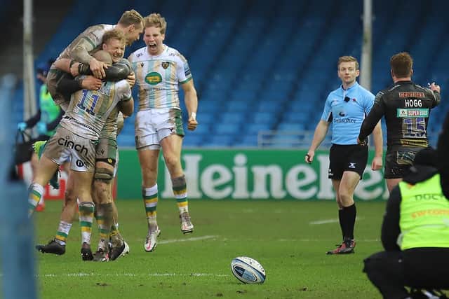 Saints celebrated a memorable success at Sandy Park (picture: Peter Short)