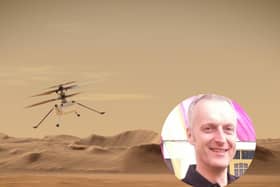 An artist's concept of NASA's Ingenuity Mars Helicopter flying through the Red Planet's skies and, inset, Dr Iain Botterill. Credit: NASA/JPL-Caltech