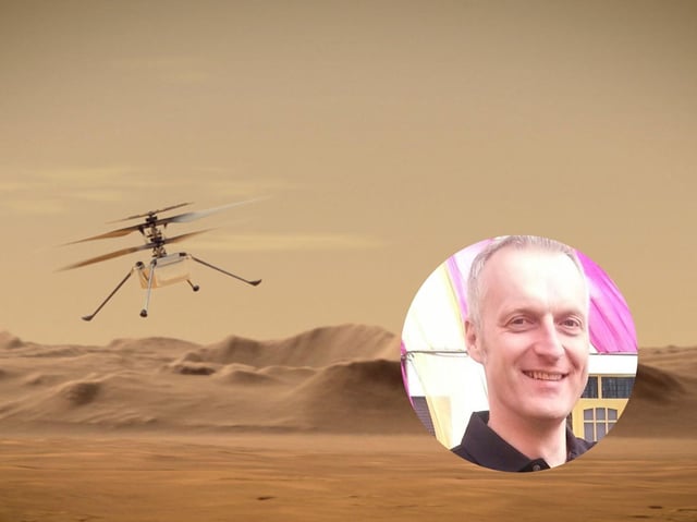 Concept d'artiste de l'hélicoptère Ingenuity Mars de la NASA volant dans le ciel de la planète rouge et, en médaillon, du Dr Iain Botterill.  Crédit: NASA / JPL-Caltech