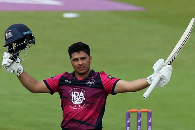 Ricardo Vasconcelos celebrates his century in the 2019 Royal London One Day clash with Yorkshire at the County Ground. The left-hander is set to be a key player in this season's competition