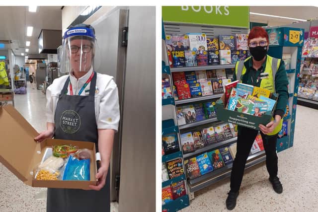 (Left) a Morrisons worker with a pizza kit and (right) Trish Beal with books.