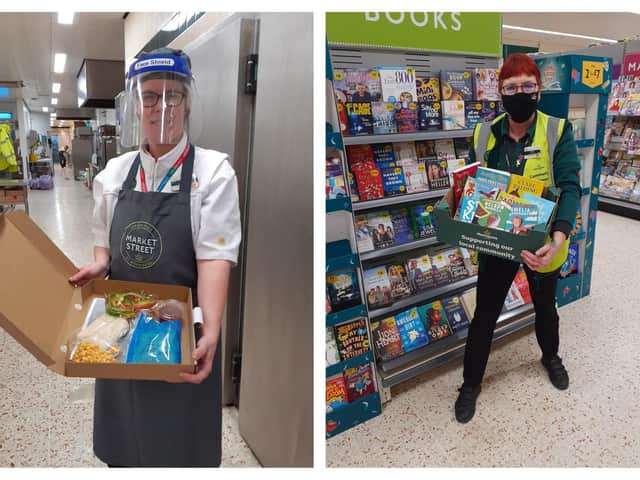 (Left) a Morrisons worker with a pizza kit and (right) Trish Beal with books.