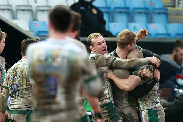 Rory Hutchinson, David Ribbans and Ollie Sleightholme celebrated Saints' win at Exeter last weekend