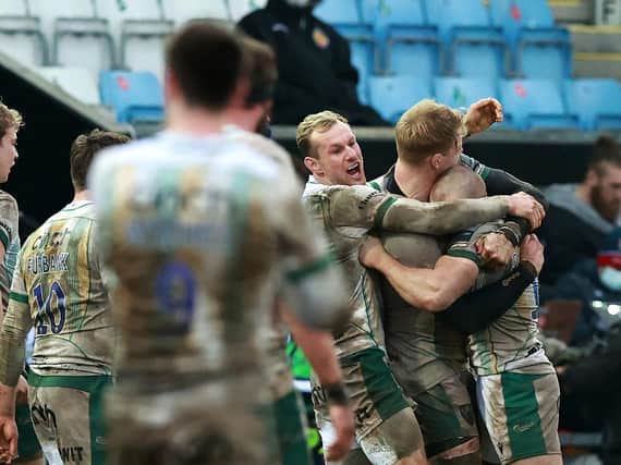 Rory Hutchinson, David Ribbans and Ollie Sleightholme celebrated Saints' win at Exeter last weekend