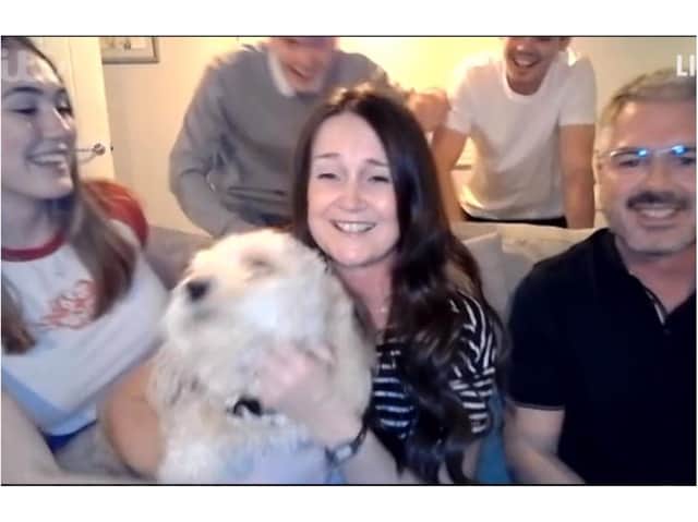 Adele Aldridge celebrates with her family — including Teddy the dog — live on TV last night