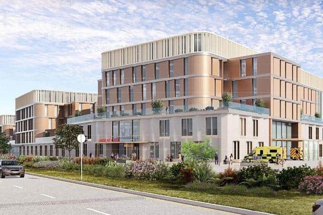 An artist’s impression of what the Urgent Care Hub could look like, replacing A&E and short stay urgent care wards, with extra inpatients beds on the higher floors. This would be completed in the first phase of the development.