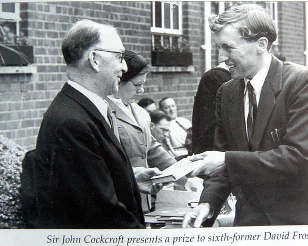 This picture from the archive shows Sir John Cockcroft presenting a prize to sixth former David Frost (now Sir David Frost)