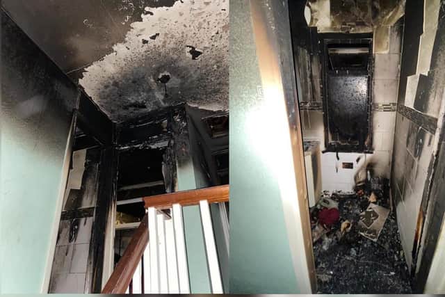 A stairwell and bathroom shown ravaged by the fire. Image: Northants Fire and Rescue