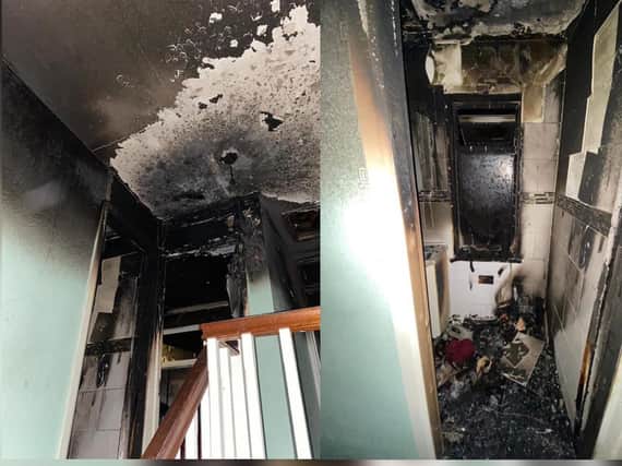 A stairwell and bathroom shown ravaged by the fire. Image: Northants Fire and Rescue