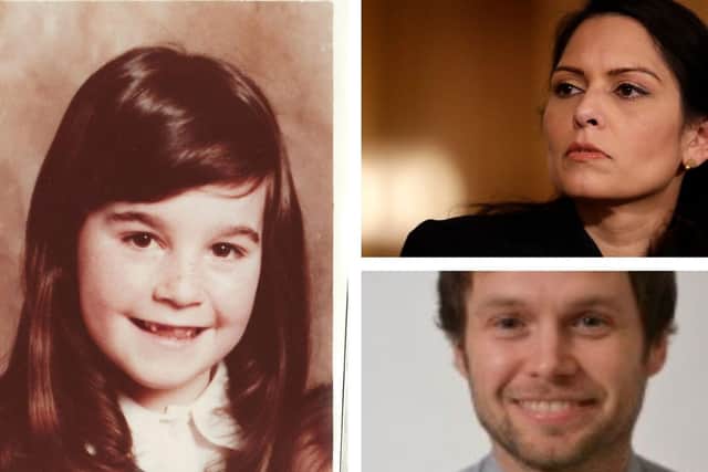 Collette Gallacher, who was murdered on her walk to school 35 year ago. Home Secretary Priti Patel (Getty Images) and Cllr Paul Beattie.