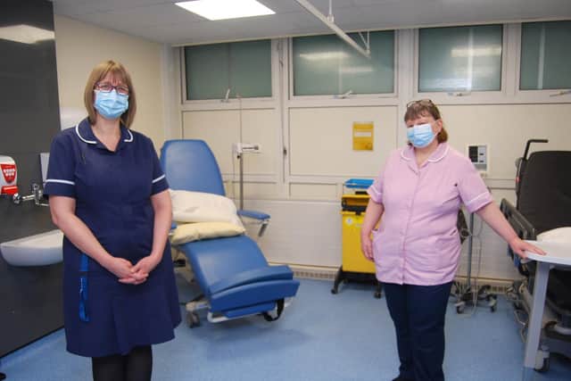 The Planned Care room inside the unit - Deputy Sister Lara Pilgrim and Healthcare Assistant Joan Gibbs.