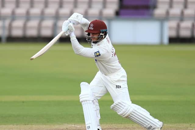 Ricardo Vasconcelos hits a boundary on his way to 30 from 44 balls before retiring on the first day of the County's pre-season friendly at Hampshire (Picture: Peter Short)