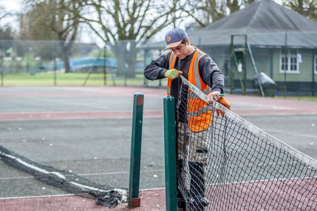 Nets going up on tennis courts at Becketts Park as sports facilities reopen in Northamptonshire. Photo: Kirsty Edmonds