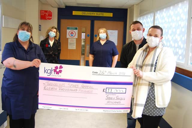 Delivery Suite Manager, Heather Silver, Head of Strategic and Corporate Fundraising, Jayne Chambers, Rowan Ward Manager, Paula Smith, Sam and Georgia Holland with the £11,000 cheque to Twinkling Stars.
