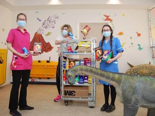 L-R Claire Green, Jayne Chambers and Lucy Skelton on Skylark Ward with the Easter eggs donated by David Wilson Homes