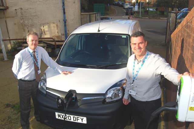 Chief engineer Edward Payne and estates operational officer Chris Harris with
KGHs first electric vehicle  an electric van for its estates department