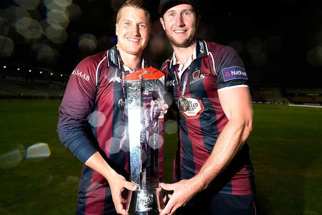 Josh Cobb and Alex Wakely with the 2016 T20 title trophy