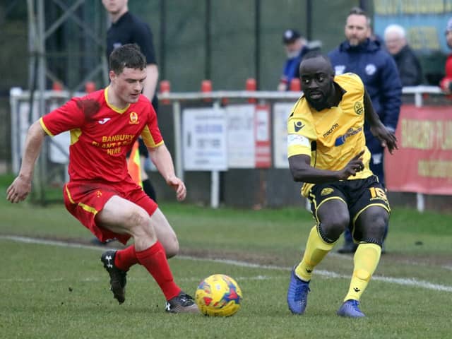 Joel Gyasi, who scored Diamonds late goal, in action during last weekends 2-1 defeat at Banbury United. Picture by Steven Prouse/KBO Photography