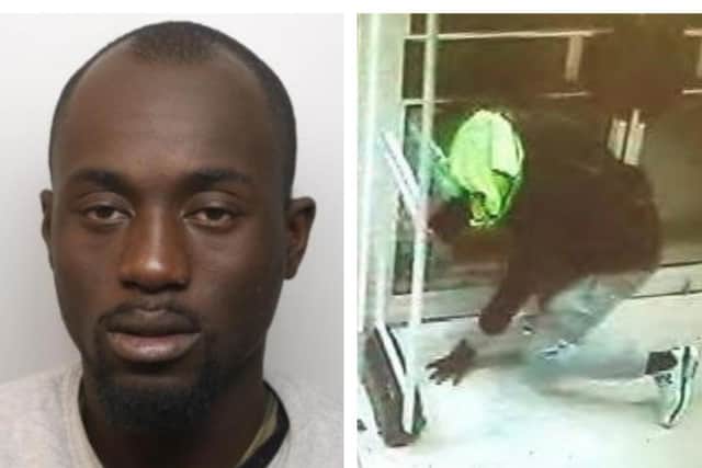Musa Dukureh-Dukuray pleaded guilty to burgling the Newlands Centre in Kettering. On the right is a CCTV image released by police following the burglary.