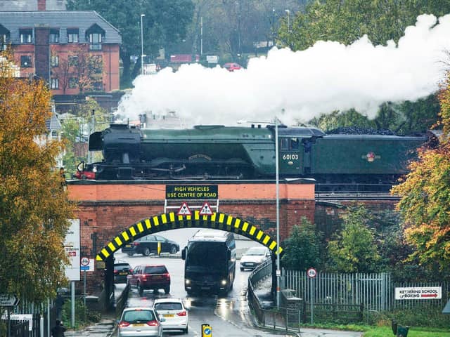 The Flying Scotsman on a previous visit to the county, travelling over the Northampton Road bridge in Kettering.
