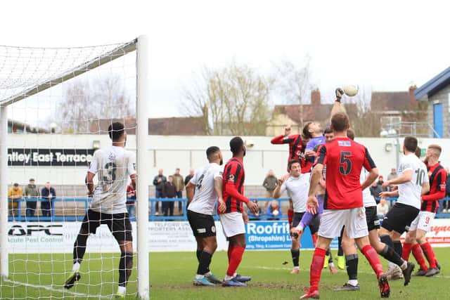Goalmouth action from the clash at the New Bucks Head