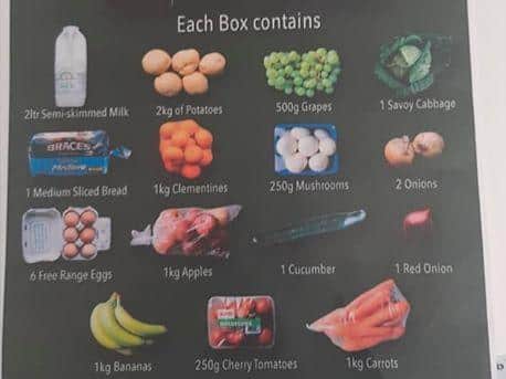 The boxes contain essential fresh foods